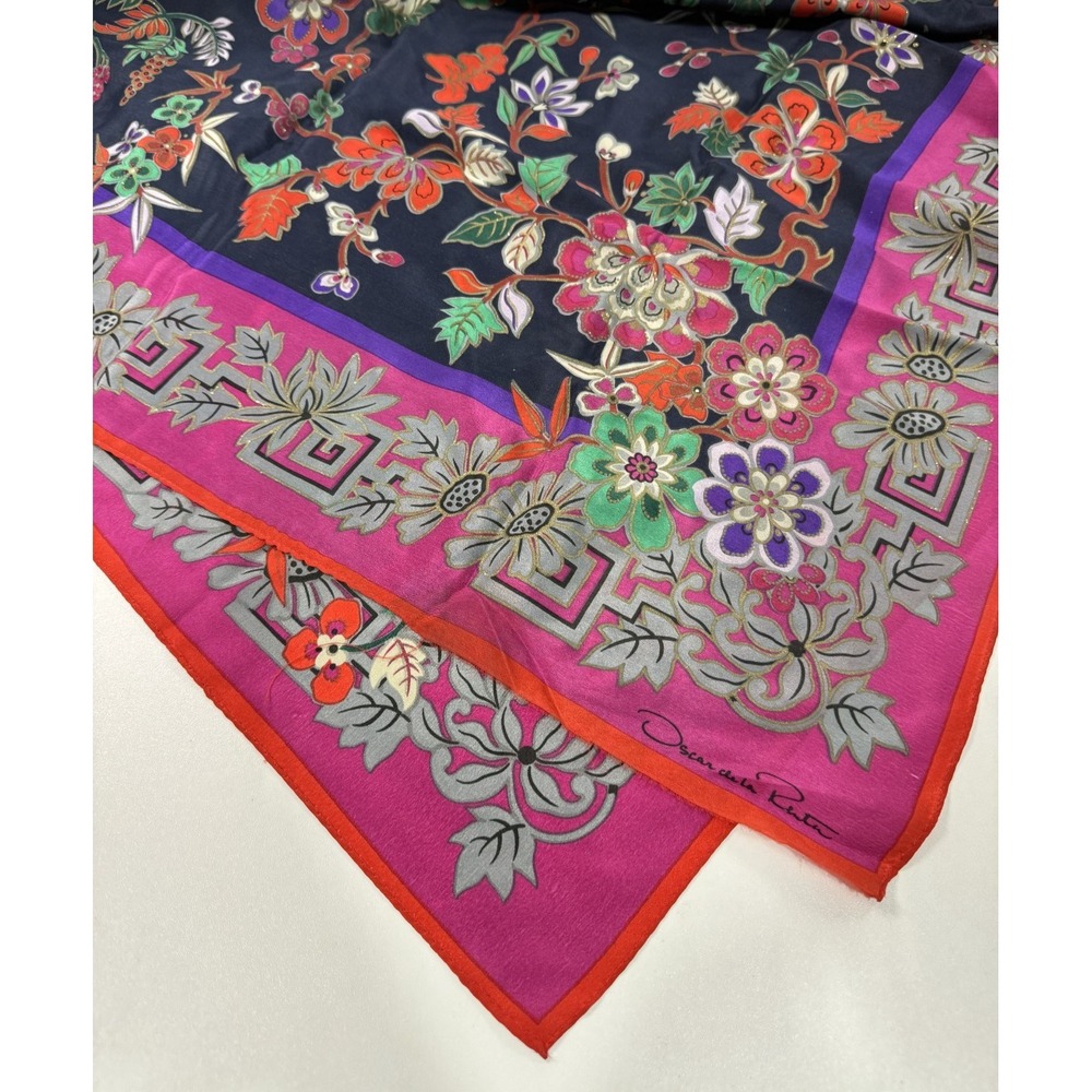 VTG Oscar de La Renta Silk Scarf Floral Pink Fuchsia Navy Blue Square 35"